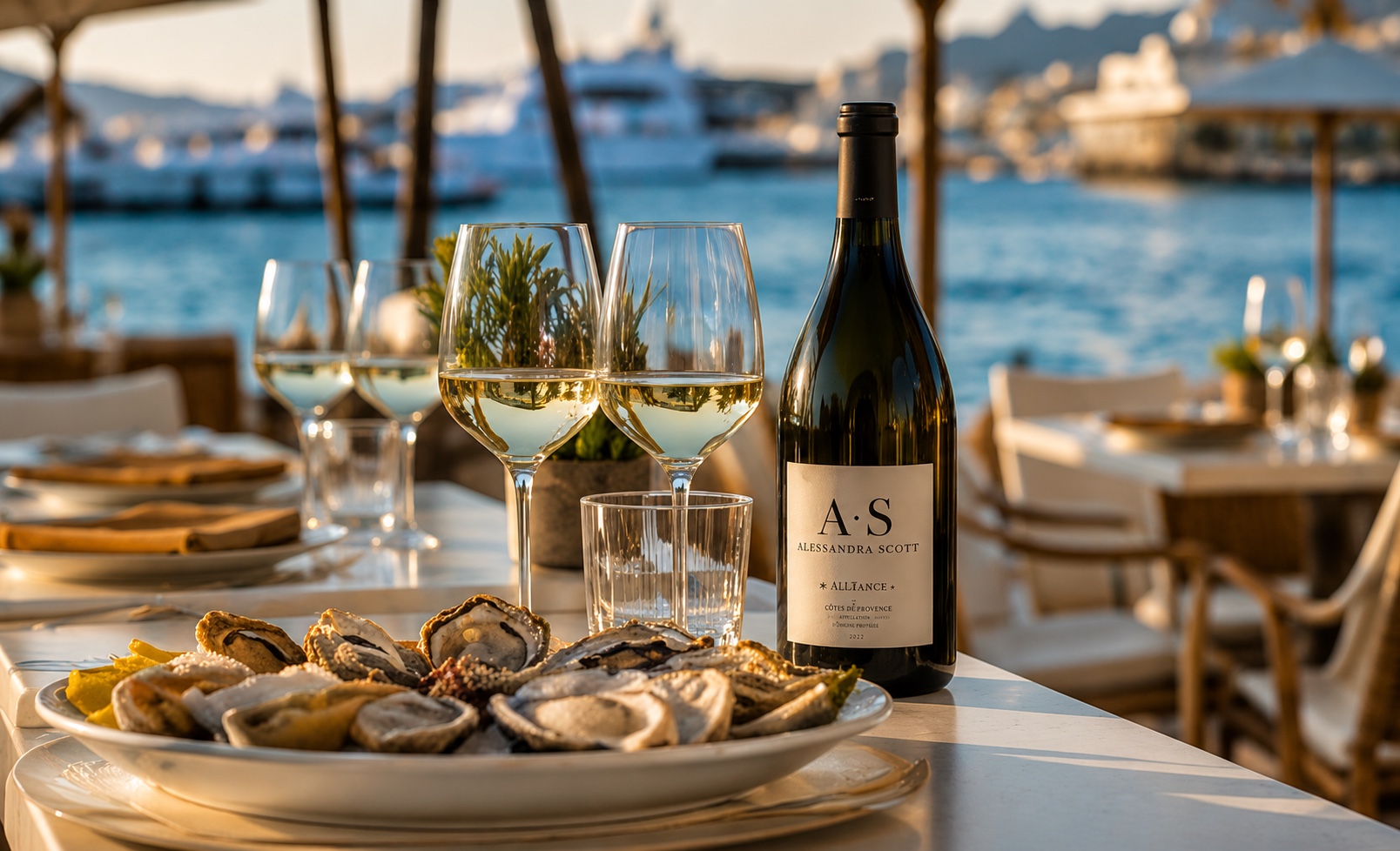 Table dressée, champagne et produits d'exception