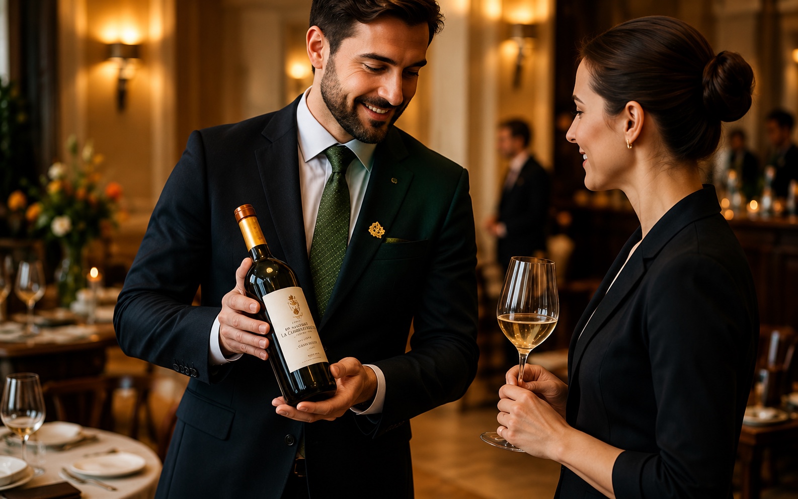 Sommelier présentant une bouteille à une cliente dans un palace